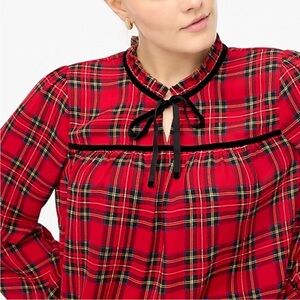 J Crew Velvet tie-neck top in Red Holiday Plaid with Bow